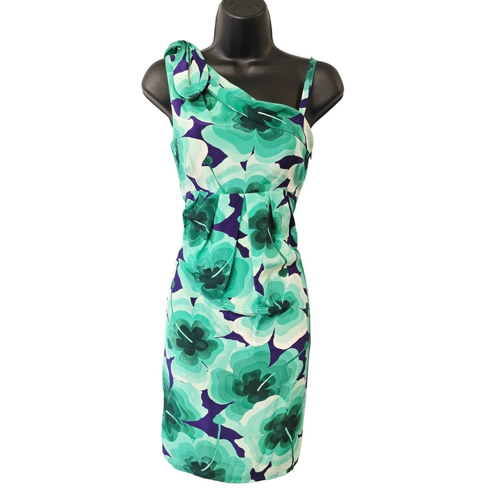 Love Moschino Green Purple Floral 100% Silk One Shoulder Dress‎ Size 2 IT 38